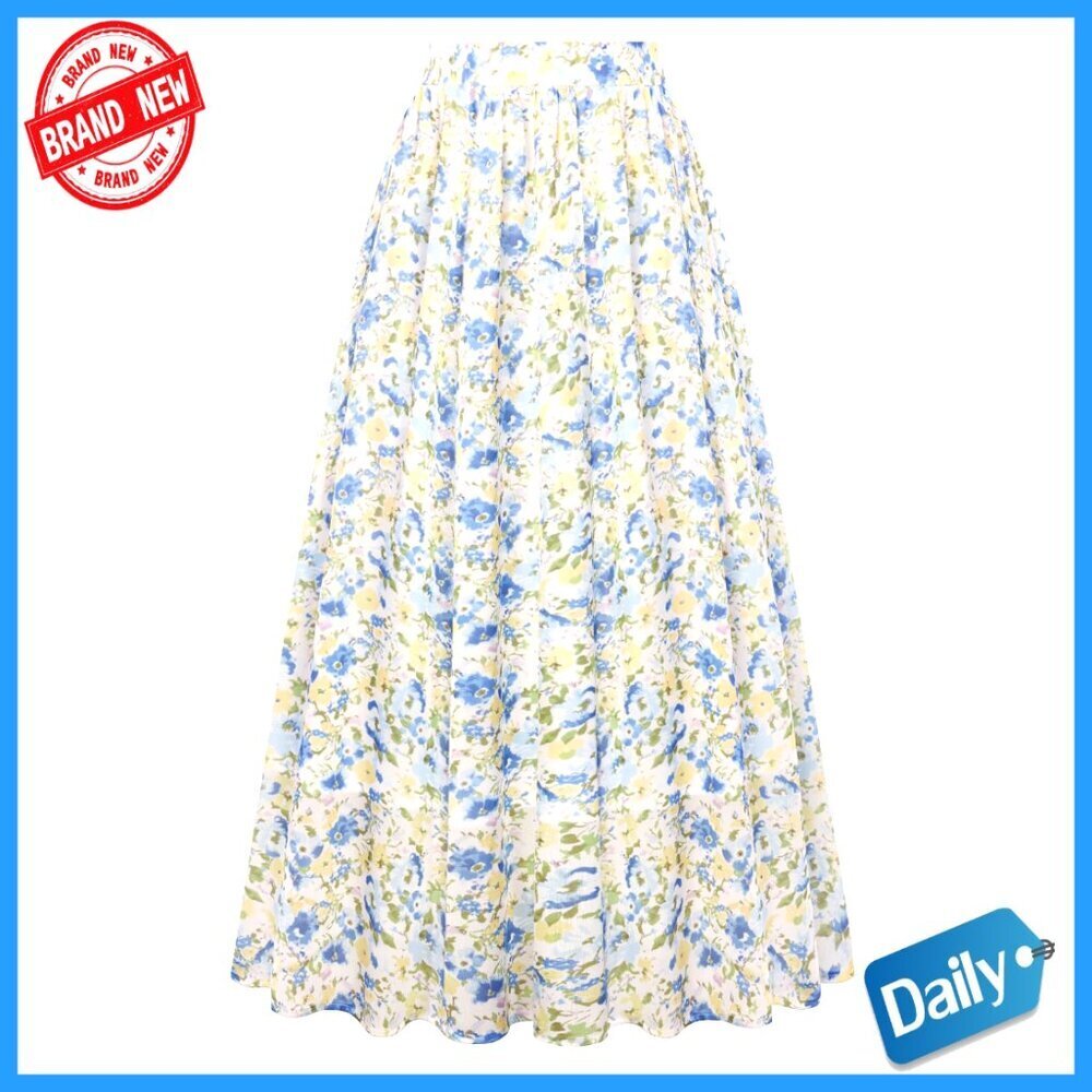Maxi Skirt with Pockets High Waist Elastic Pleated A-Line Flowy Summer